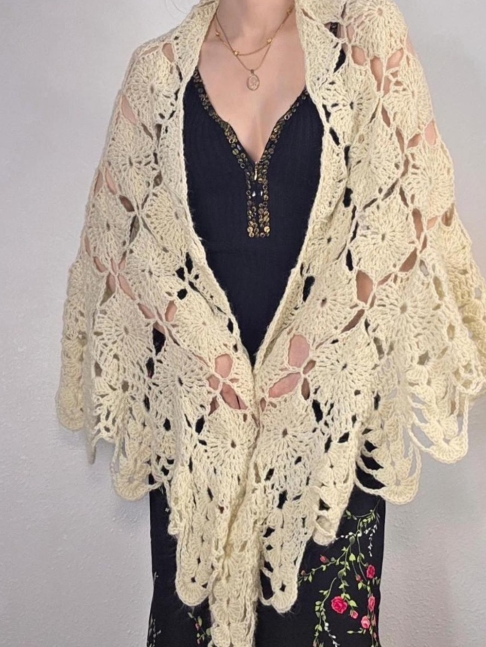 Cream Crochet Openwork Shawl Sweater Wrap